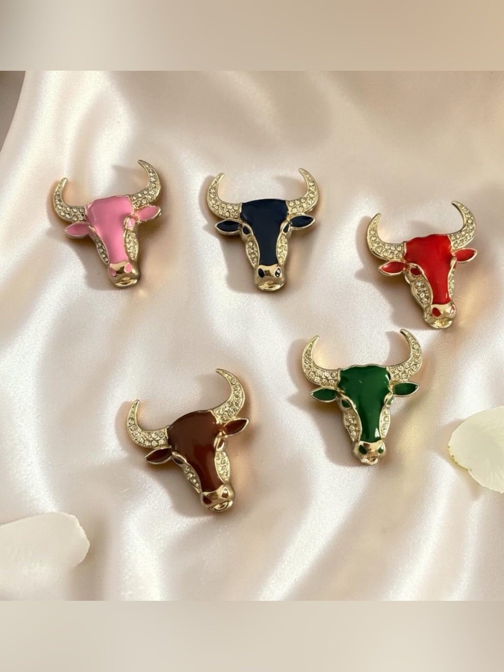 Set of 5Minooch Rhinestone Enamel Bull Head Brooches - Pink, Navy, Black,